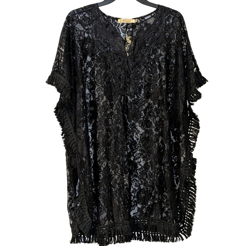 CYN by‎ Cynthia Mehra Black Lace Fringe Poncho Kaftan Cover Up One Size OS NEW